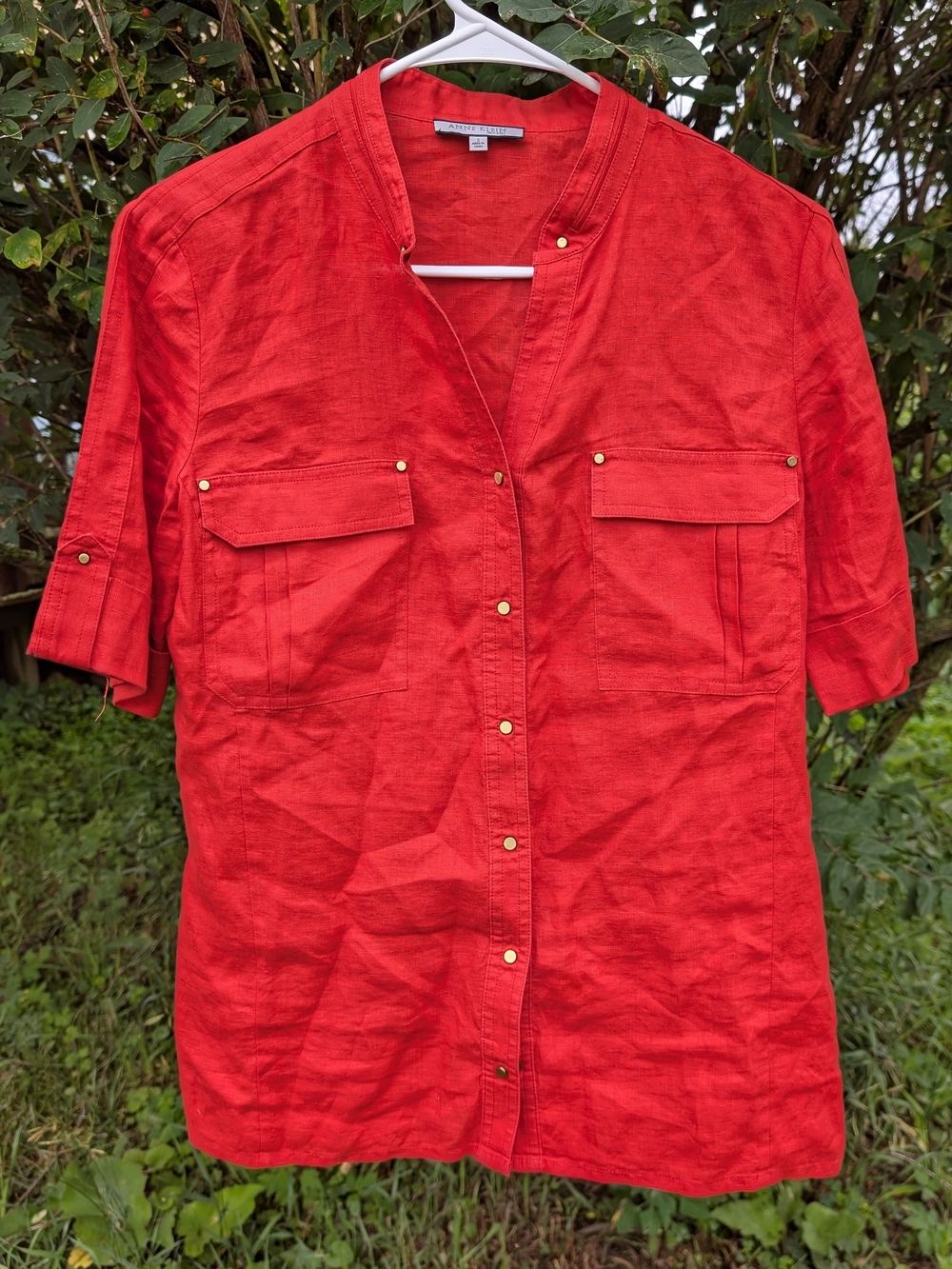 Anne Klein Red Short-Sleeve Linen Button-Front Shirt with Flap Pockets